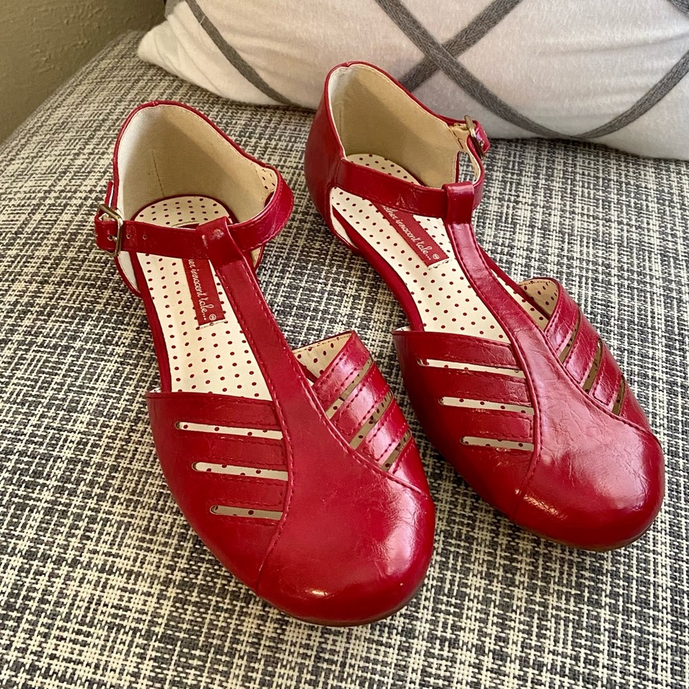 Red T-Strap Flat Sandals